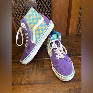 VANS Sk8-Hi Checkerboard•Women’s 7.5•Purple Suede, Blue & Teal Green